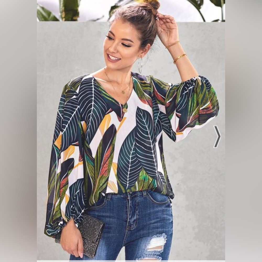 NEW Green Boho Style Print Balloon Sleeve Blouse